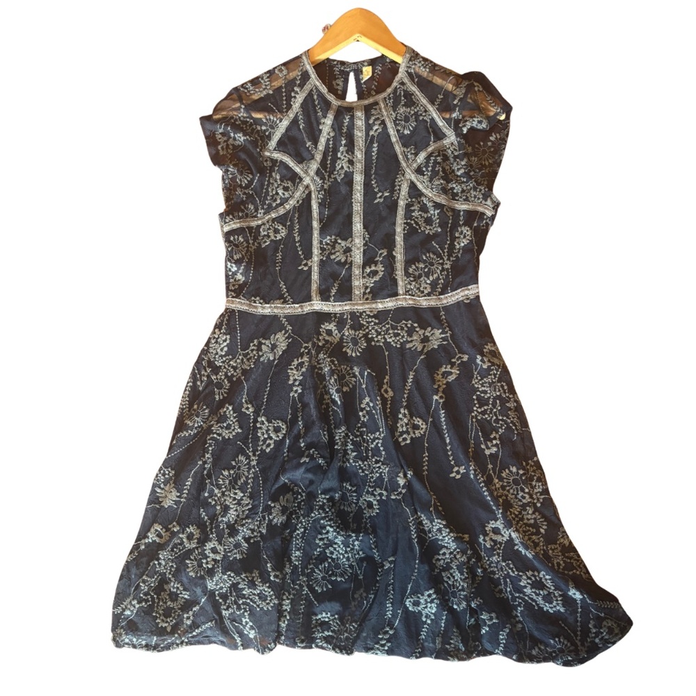Free People Laurel Lace Mini Dress Blue Floral Sheer Overlay Size 10